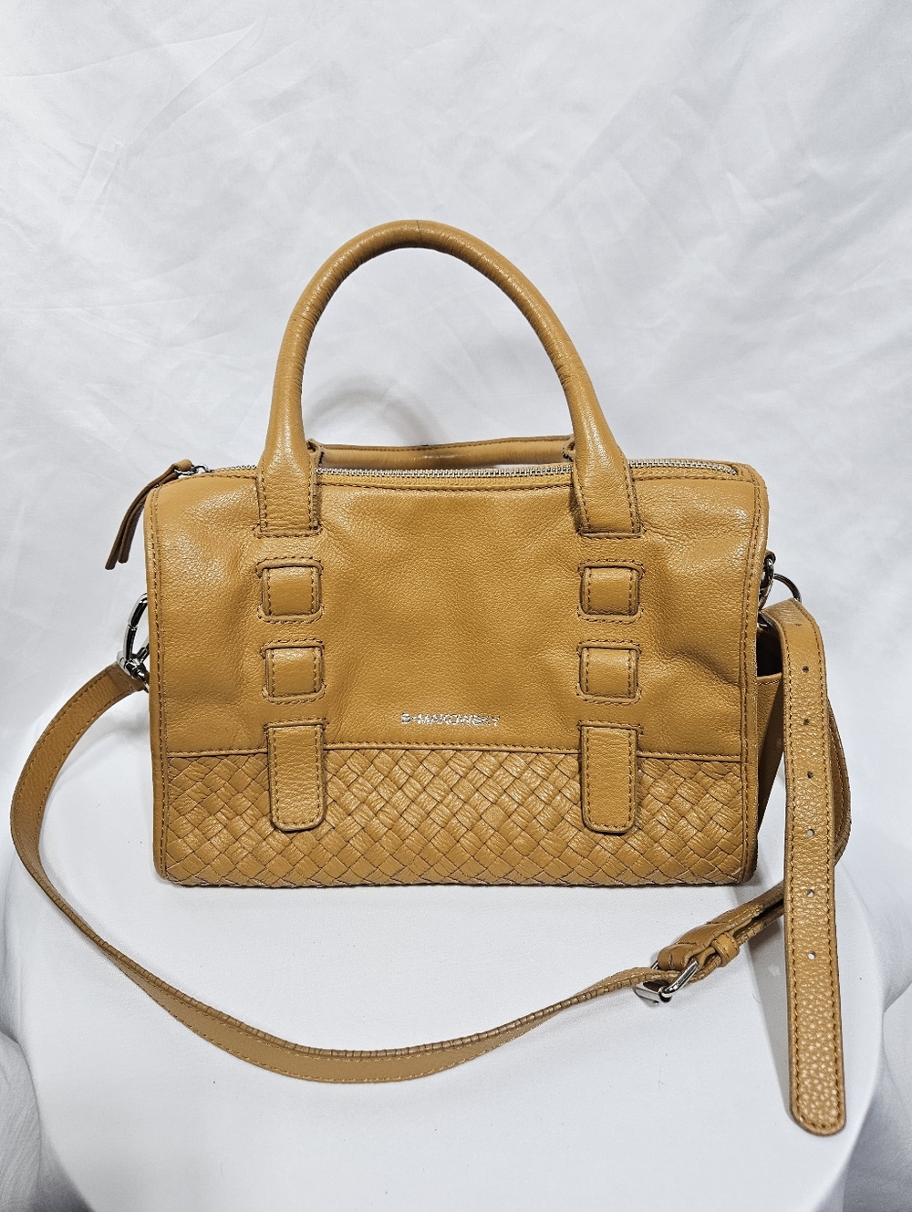B Makowsky Leather Satchel Crossbody Bag Tan Woven Trim Shoulder Purse